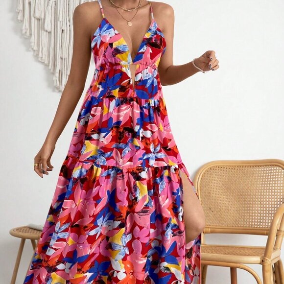 Red Boho Women's Vacation Floral Print Backless Dress - Picture 5 of 6